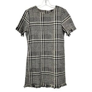 La Classe Couture Womens Short Sleeve Shift Dress Black/Ivory Plaid Fringe S
